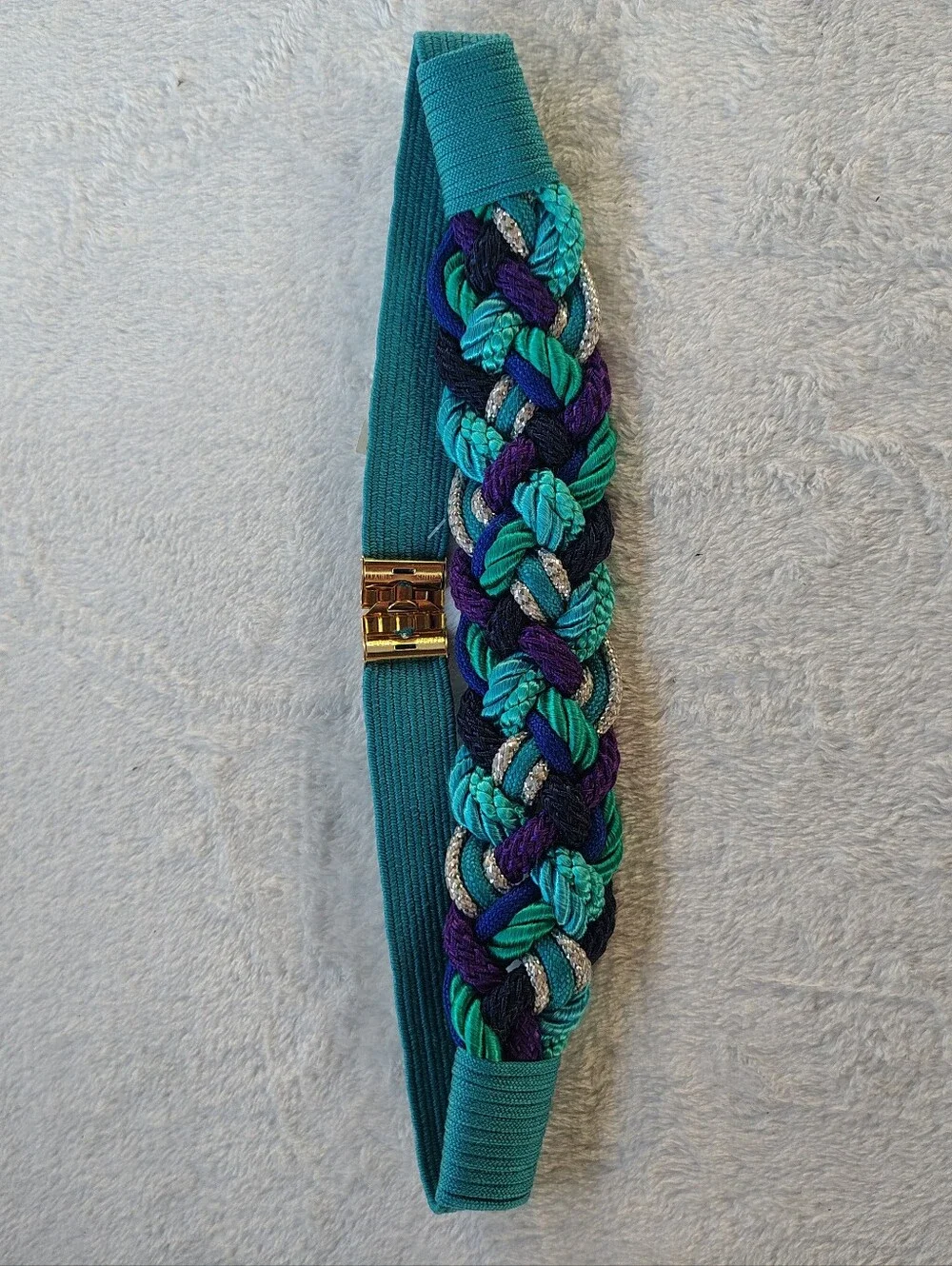 Braided Vintage Teal Elastic Waist Belt with Multicolor Accent